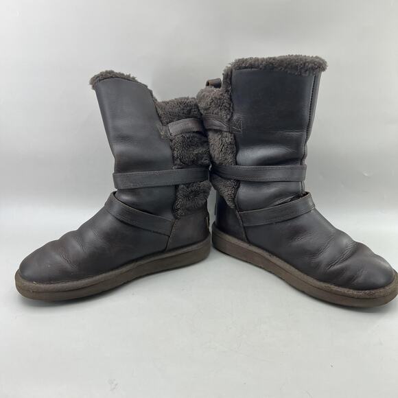 UGG Becket Boots Women Size 7 Brown Shearling Buckle Mid Calf Winter Strap Shoes - Picture 6 of 10